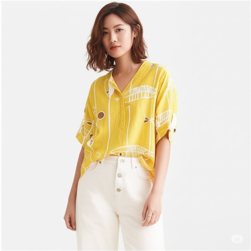 Three Stars Linen Blend Button Up Shirt Fish Print Yellow Lemongrass